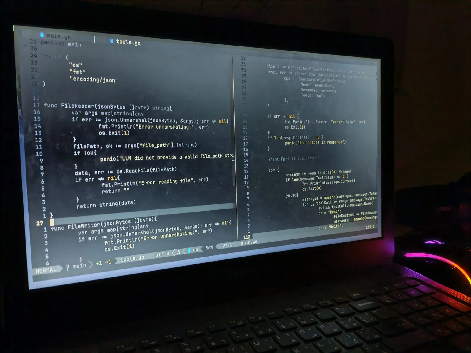 A dark desktop setup with Go code open in Neovim